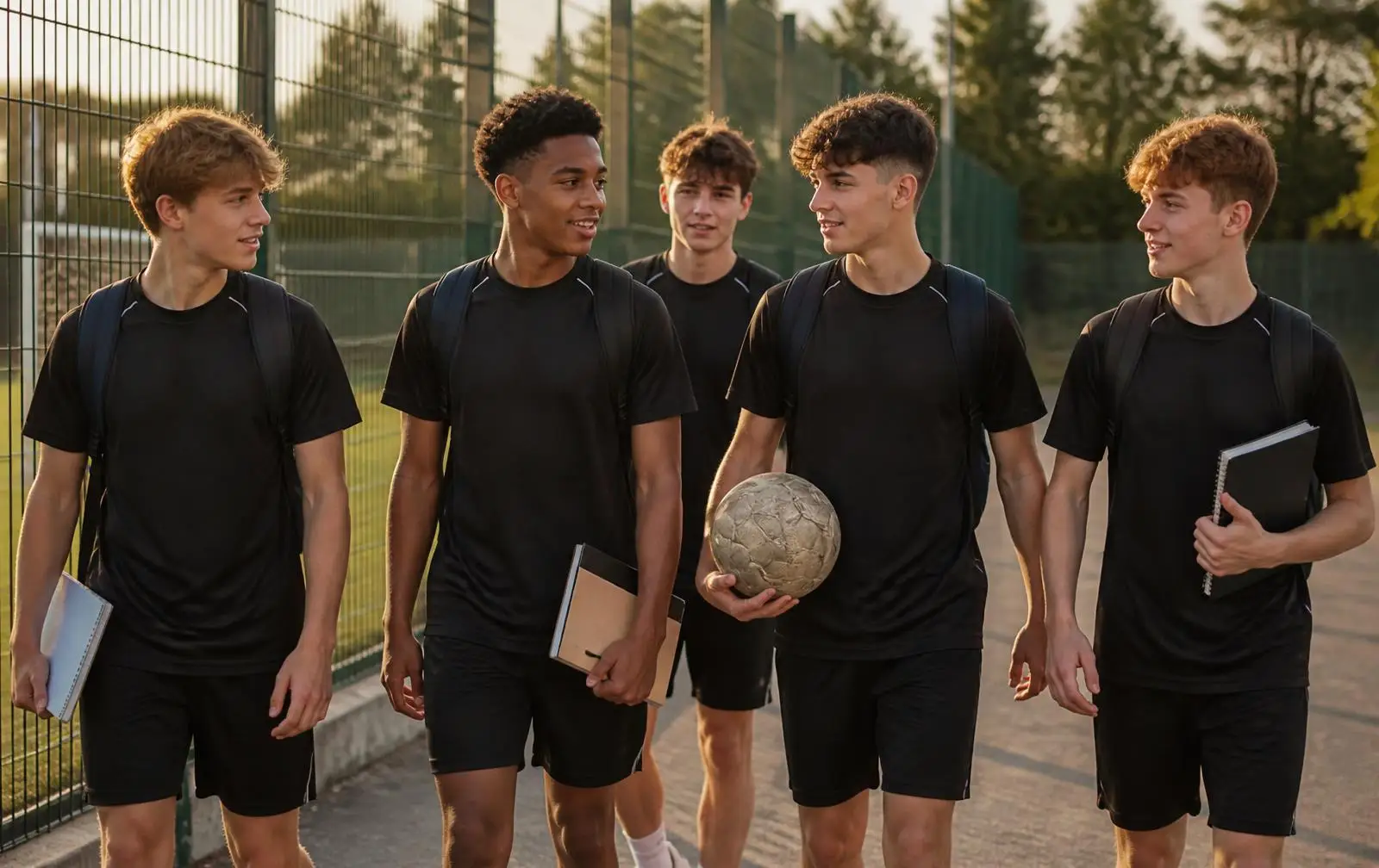 Jeunes joueurs de football avec leurs affaires scolaires