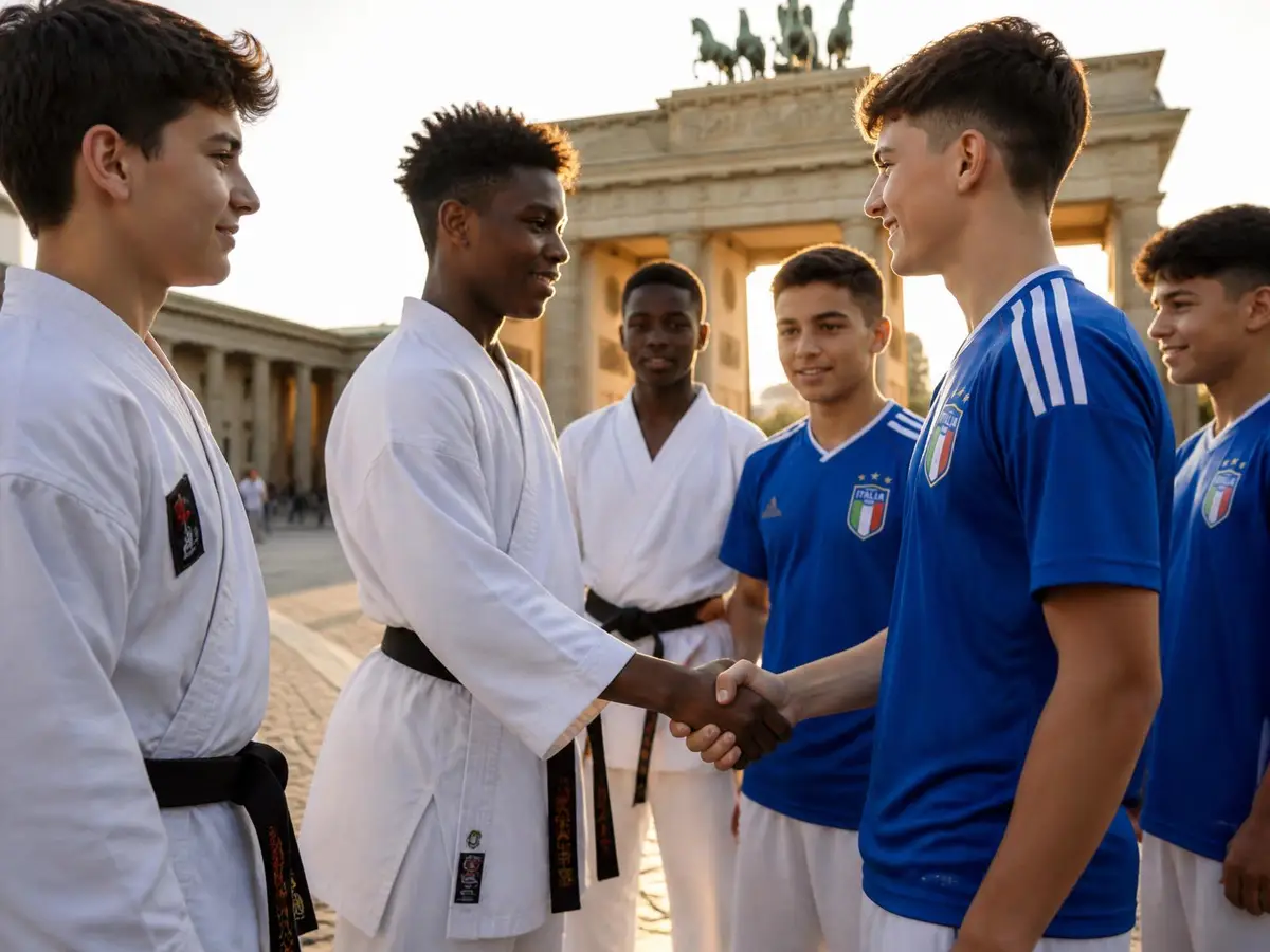 Jeunes karatékas et footballeurs de différents pays se rencontrant lors d'un échange international